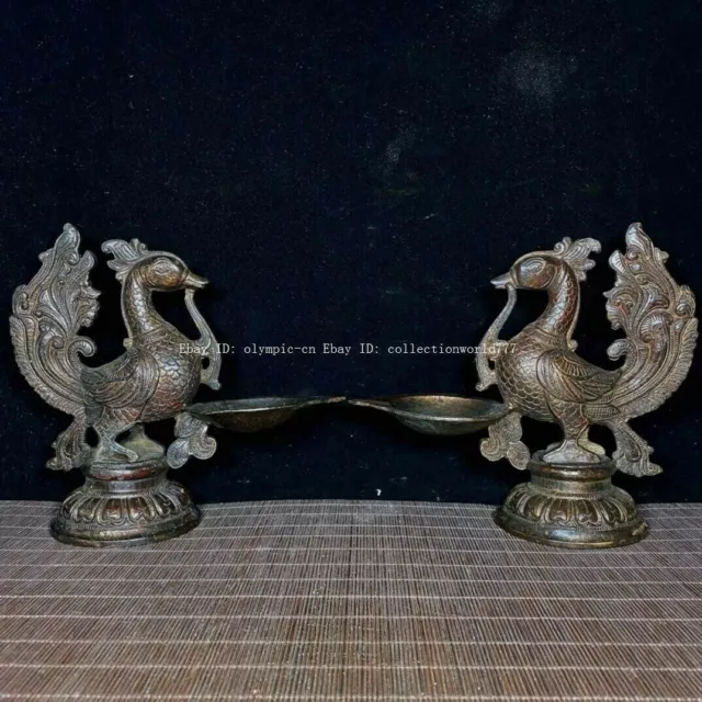 pair 8'' old bronze copper sculpture auspicious fortune bird phoenix oil lamp 2
