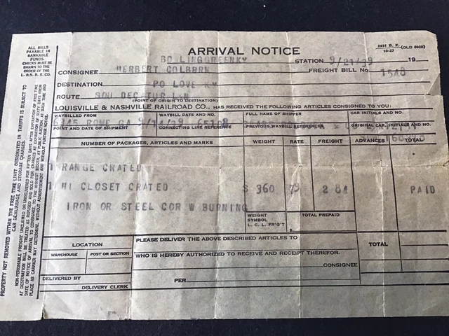 Antique 1939 Louisville & Nashville Railroad Company Freight Notice Free Ship