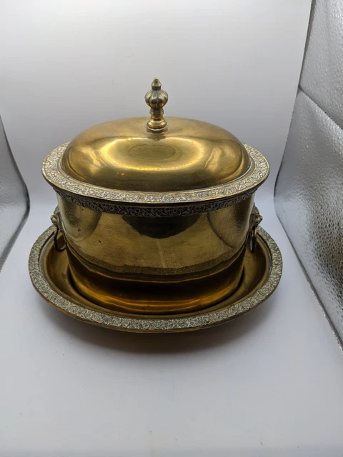 Decorative Brass Pot With Underplate And Lion Details