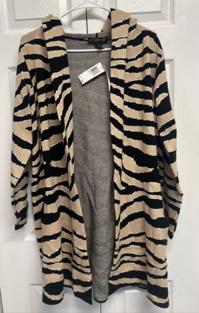 JOAN VASS Womens Medium Black/Mocha Zebra Open Front Hooded Cardigan Sweater NWT