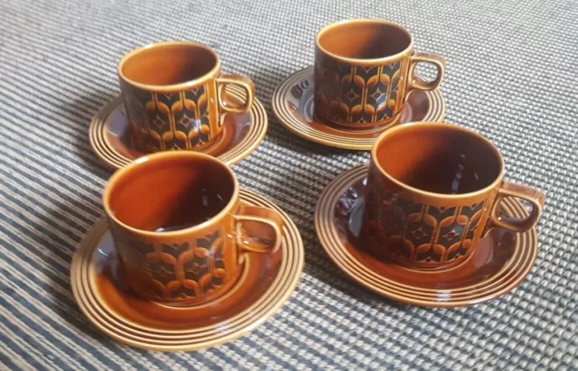 Set Of 4 Hornsea Brown pottery cups and saucers - Heirloom + Extra Saucer