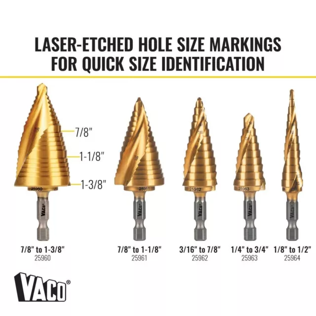 Klein Tools 25960 Step Drill Bit, Spiral Double-Fluted, 7/8" to 1-3/8", VACO 6