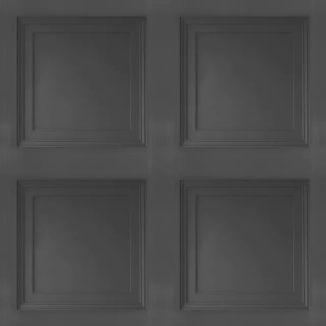 Black Wooden Panel 3D Effect Realistic Square Panelling Flat Finish Wallpaper