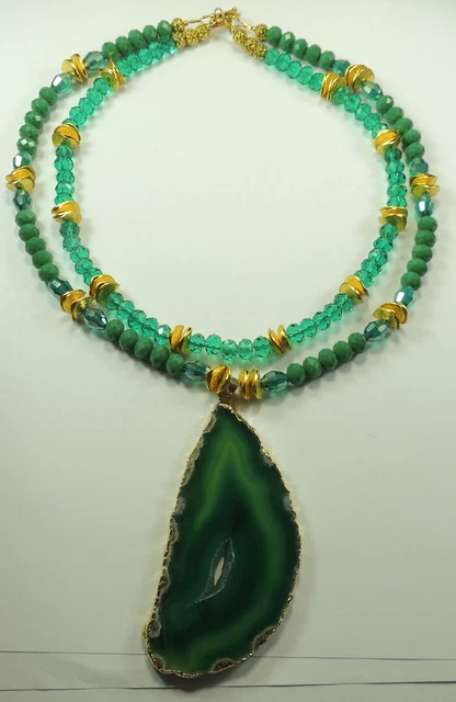 Statement Artisan 2 Strand Green Crystal Necklace Green Druzy Handmade Jewelry