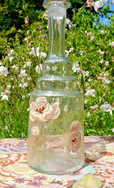 ANCIENNE CARAFE AU DÉCOR FLORAL ÉMAILLÉ ART-NOUVEAU 1900 de type LEGRAS