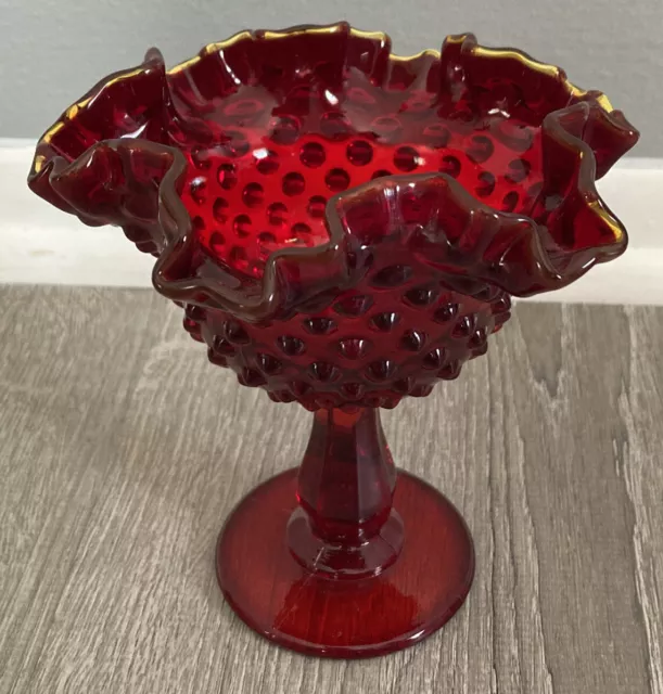 Vintage Fenton Ruby Red Amber in a  Hobnail Open Candy Compote