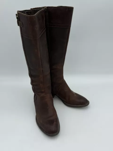 Born F08662 Poly Brown Leather Buckle Side Zip Knee High Riding Boots Womens 8.5