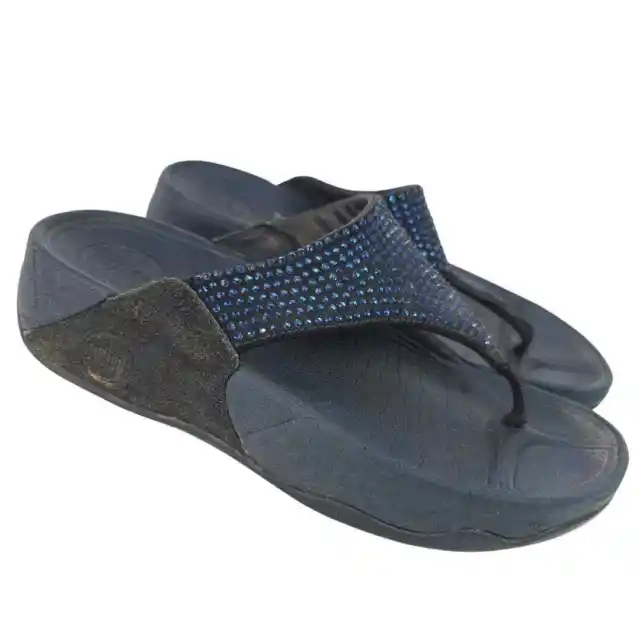Fitflop Lulu Rhinestone Sandals 5 Blue Black Crystal Toe Post Wedge Thong