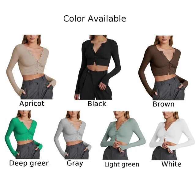 Top ritagliato verde intenso materiale elasticizzato a maniche lunghe abbottonat