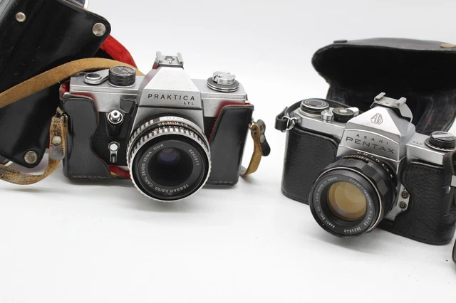 F x2 Vintage Pentacon Praktica LTL W/CZJ2.8/50 & Asahi Pentax SLR Camera + Lens
