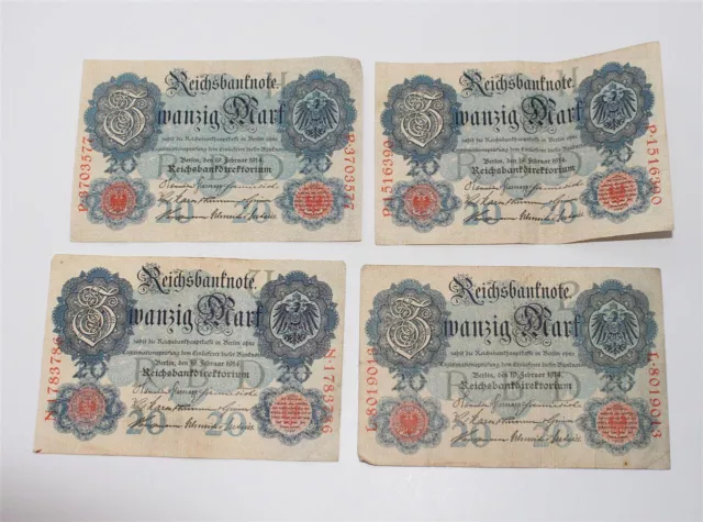 4x Reichsbanknote Zwanzig Mark 1914 #E485