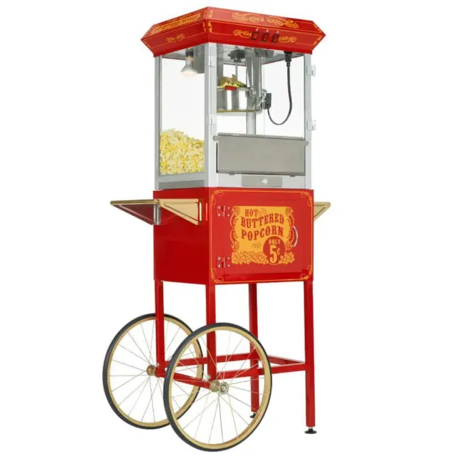 Funtime Popcorn Machine Carnival Style 8Oz. Red/Gold Cart Cool-Touch Handles