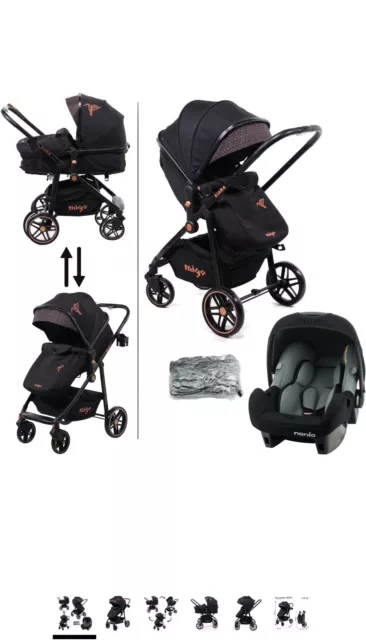 Nania Travel System 3 in 1 Pushchair, BEONE car seat Leg Cover & rain Cover Gold