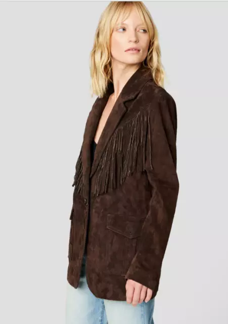 Free People x Blank NYC Chocolate Soufflé Suede Fringe Blazer SMALL RRP£188