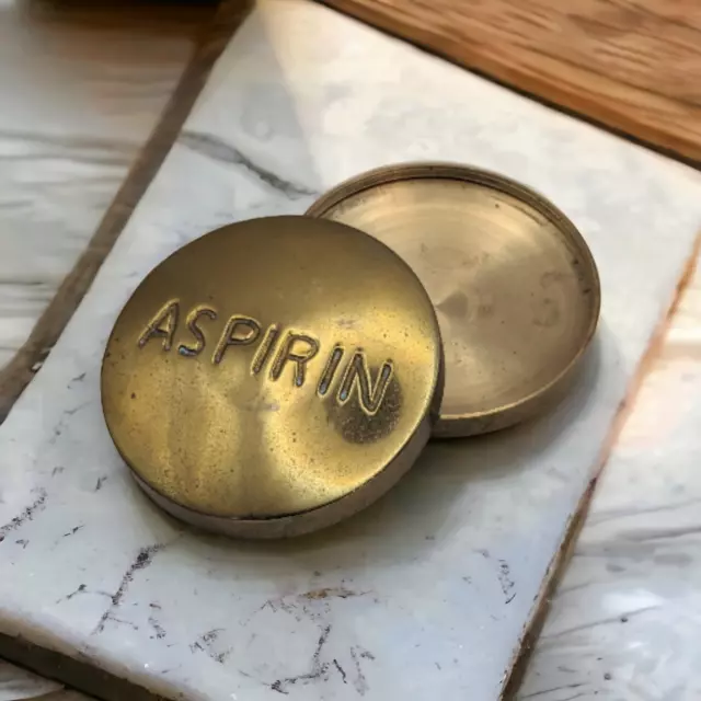 Vintage Brass Box Trinket Stamped Aspirin Screw Closure Round Shaped Desk Item
