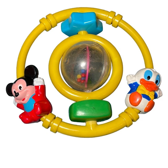 DISNEY BABY vintage baby rattle ring Mickey Mouse Donald Duck Pluto yellow