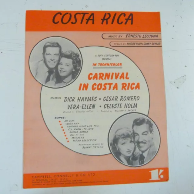 song sheet COSTA RICA from "Carnival in Costa Rica" Dick Haymes Vera Ellen 1946