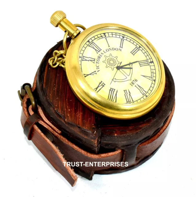 Nautical Brass Necklace Locket Pocket Collectable Clock Watch  With Leather Case