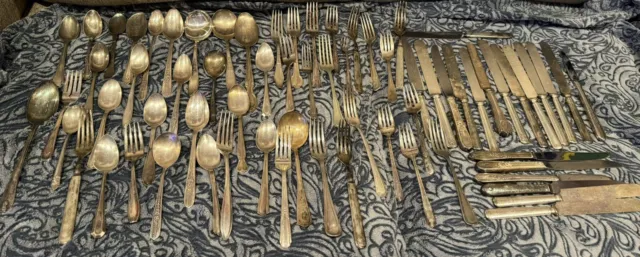 Huge Antique Silver plate Flatware LOT - Mixed 70 Pieces, Spoons, Forks, Knives