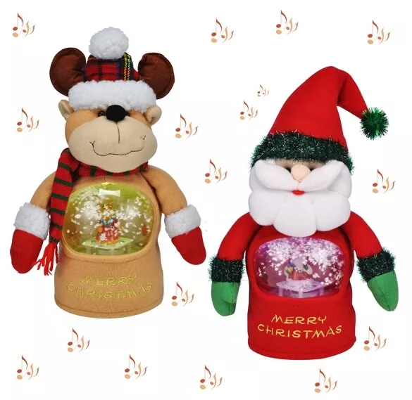 2x Singende Weihnachtsfigur m. beleuchteter Schneekugel Weihnachtsmann & Rentier