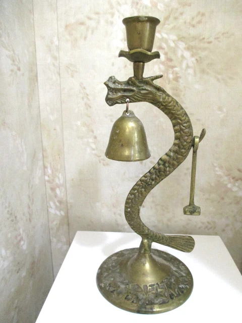 Vintage /Antique Brass Chinese Dragon Bell and Candle Holder, Complete w/ Hammer