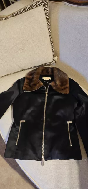 MICHAEL KORS COLLECTION Black Brown Mink Fur Collar Zip Jacket 4 made in Italy