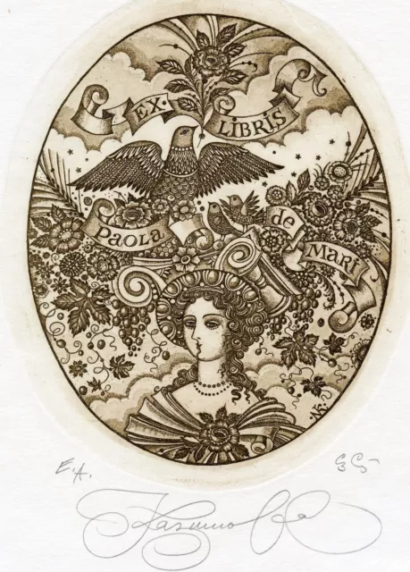 Nina Kazimova, Rusia, Grabado Original Ex libris, Pájaros Nido Sombrero, Uva