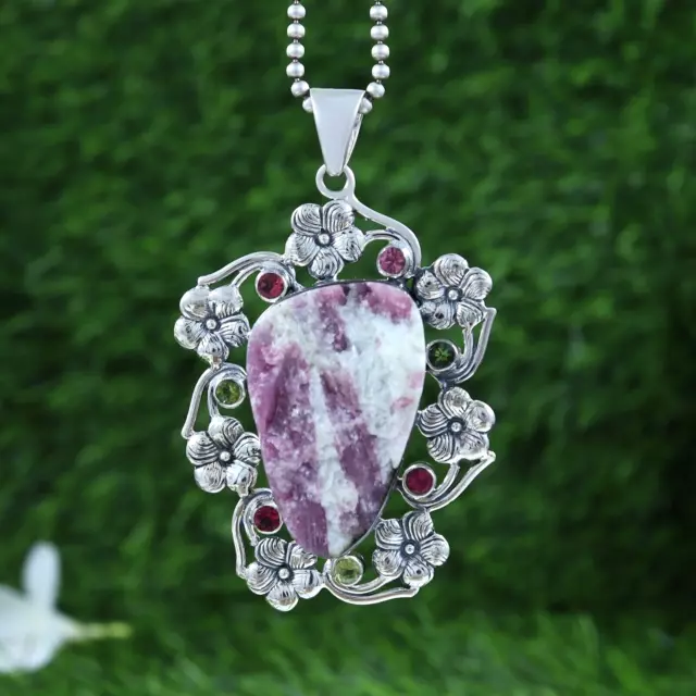 Tourmaline en cristal quartz pendentif collier fleur fabriqué à la main 925...