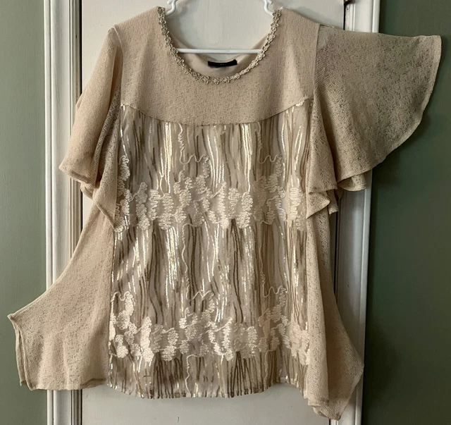 Love The Queen Top Women's L Flutter Sleeve Asymmetrical Hem Sparkle