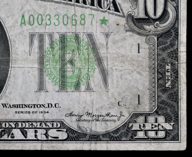 $10 1934 Star light green seal FRN A00330687* plain series ten, Boston, bp525