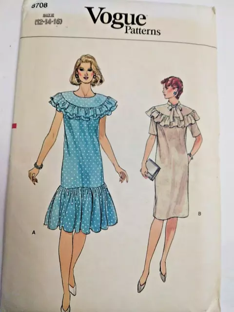 Volantes Jersey Vestido Talla 12 14 16 Vogue 8707 Patrón de Costura UC Vtg 80s