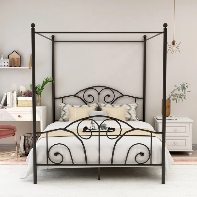 QUEEN SIZE METAL Canopy Bed Frame with Heavy Duty Slat Support Underbed