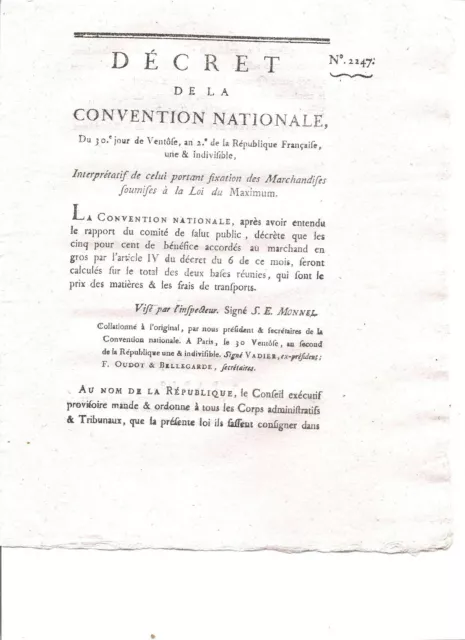 DECRET DE LA CONV.NATIONALE/ an 2/ Marchandises soumises à la Loi du Maximum