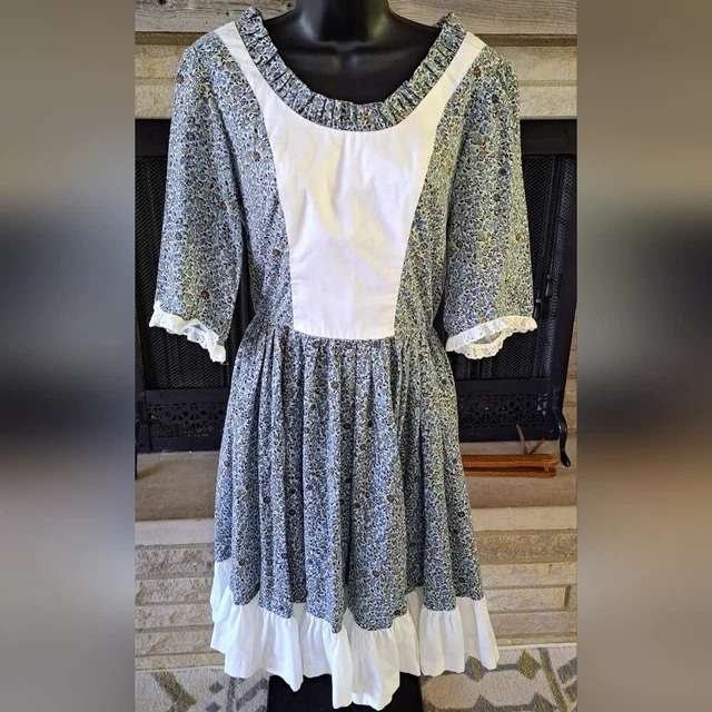 Vintage Women's S Prairie Swing Dress Handmade Blue White Ditzy Floral Cottage