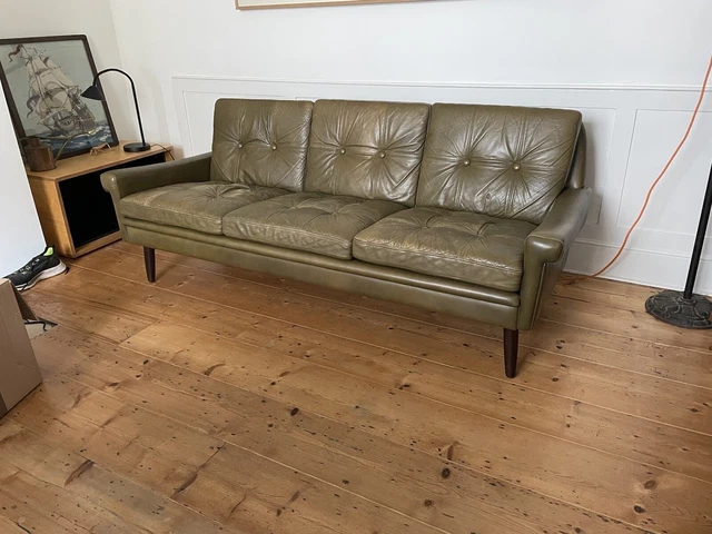 VINTAGE DANISH MID CENTURY SVEND SKIPPER 3 Seat SOFA IN Green LEATHER 1970s