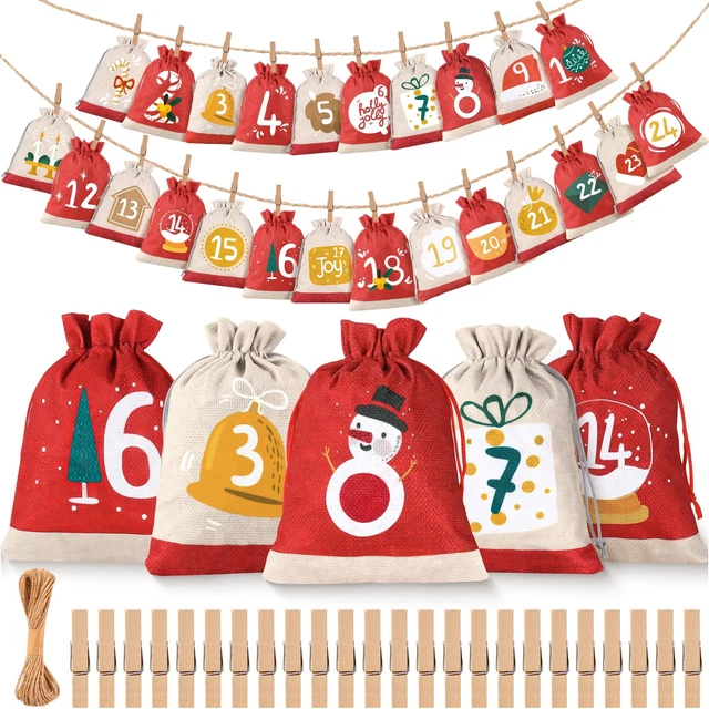 Calendrier De L’Avent Vide à Remplir – 24 Poches En Toile, Motifs Imprimés, Réutilisable Et Lavable