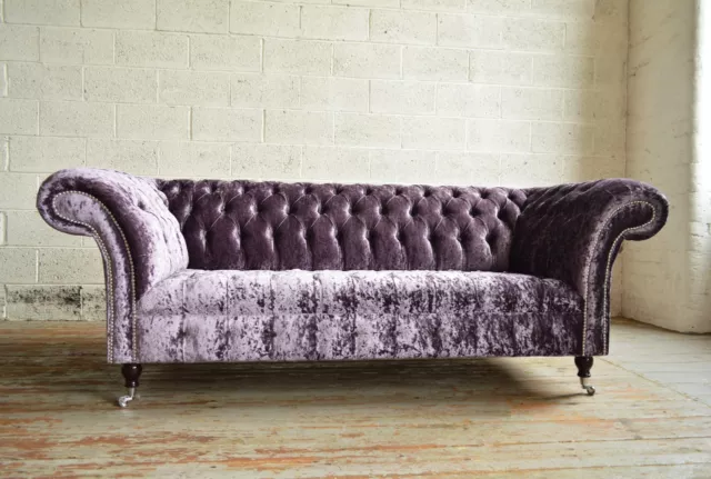 Handmade 3 Seater Aubergine Purple Crushed Velvet Fabric Chesterfield Sofa Couch
