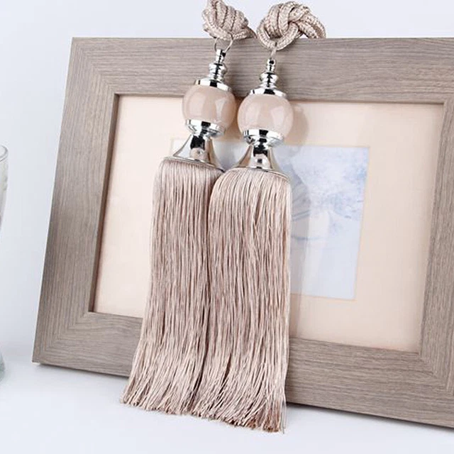 Pair Hanging Curtain Holdbacks Tie Backs Tassel Beaded Rope Decor Tieback Home 3