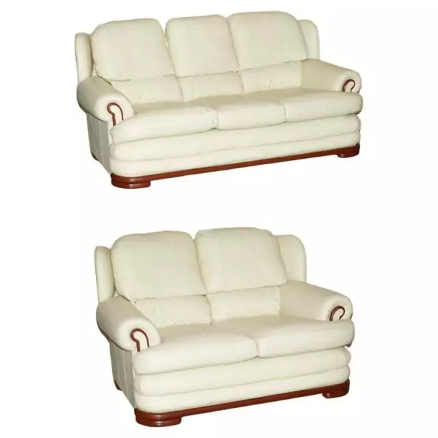 Comfortable Pair of English Two & Three Seater Thomas Lloyd Cream Leather Sofas