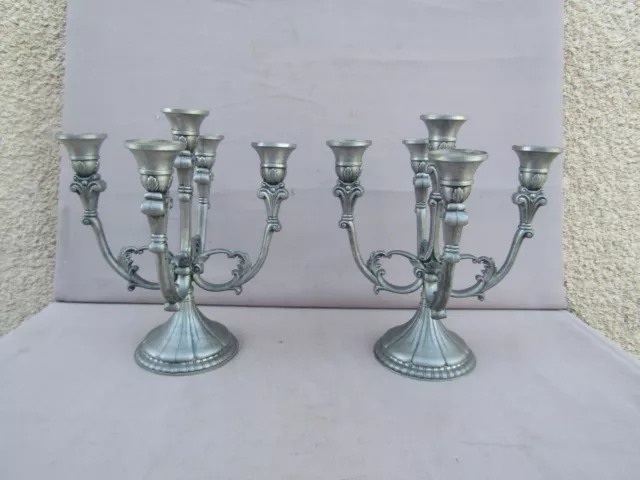 Ancienne paire de chandeliers, 5 bougeoirs en étain 97% zinn, H: 25cm