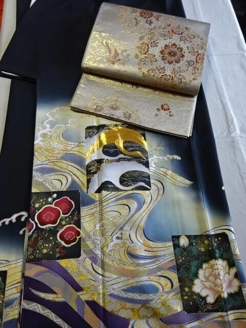 Japanese Kimono Tomesode Obi Set Fashion Designer Yamamoto Kansai Used