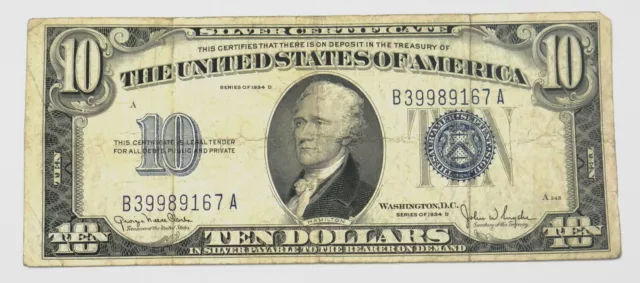 1934 D US Mint $10 Dollar Blue Seal Silver Certificate Paper Note ~ 167A