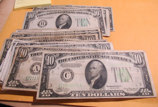 Antique 1934 Ten Dollar $10 Old US Currency Federal Reserve Note, Green Seal