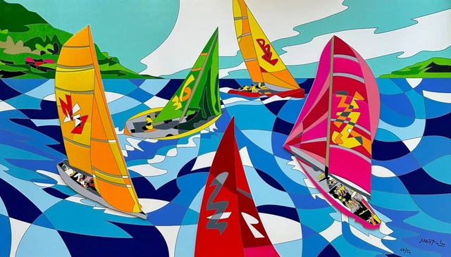 Velero Con Viento Ugo Nespolo 80x140 Serigrafía Arte Pop Regata Mare Barco Gotas