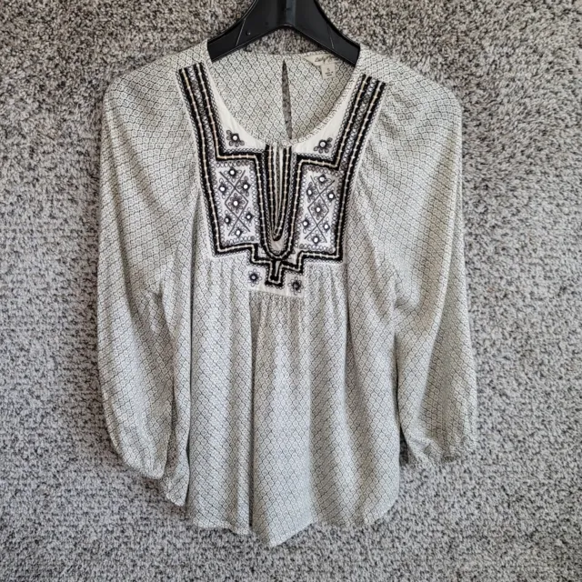 Lucky Brand Top Womens Small Beige Boho Embroidered Keyhole Neck Casual