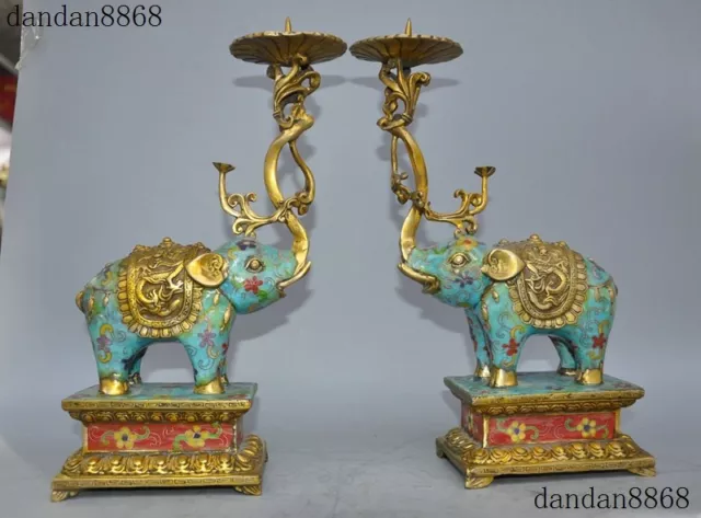 Old China bronze Cloisonne Enamel Gilt Elephant Candlesticks Candle Holder pair