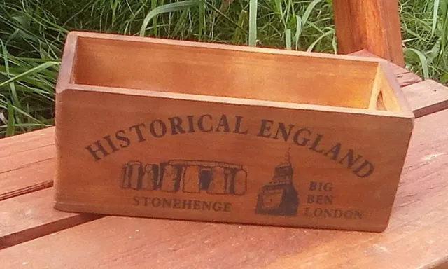 Historical England rustic wooden storage box with cut out handles . Lovely gift.