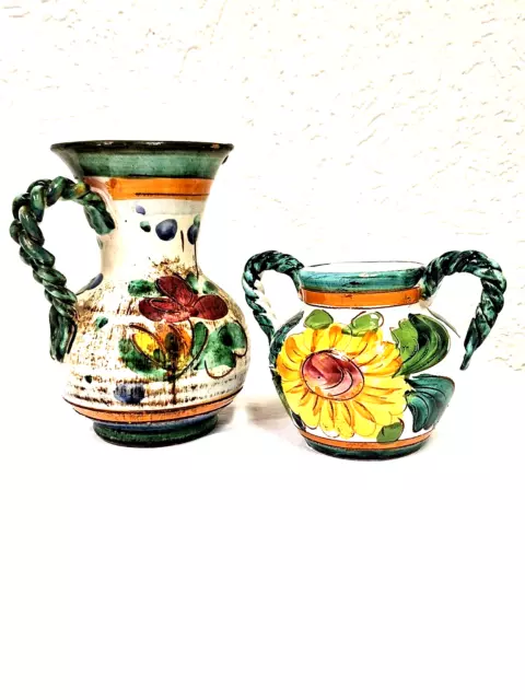 Vasen Set, Handbemalt, 1 x 15,5 cm Krug & 1 x 10 cm Bauchvase, Retro, Italy