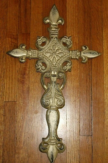 Heavy Cast Iron Metal Cross Ornate Wall Hanging Textured Rusted Distressed 19.5”