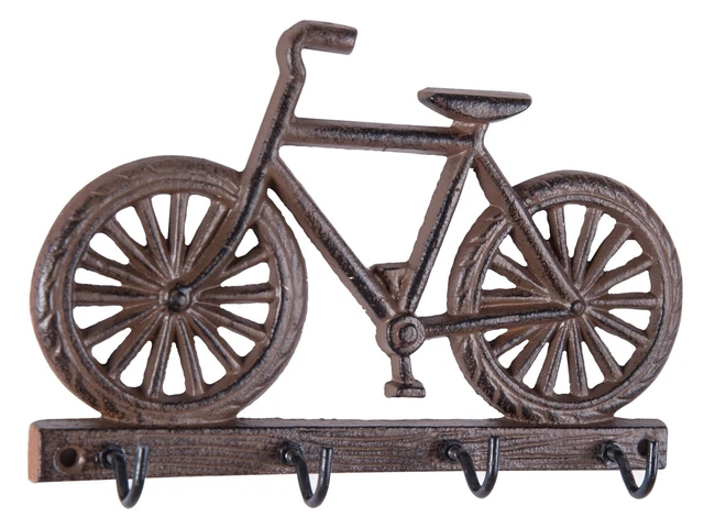 Bike Bicycle Key Quad Wall Hooks Cast Iron Rustic Antiqued Brown